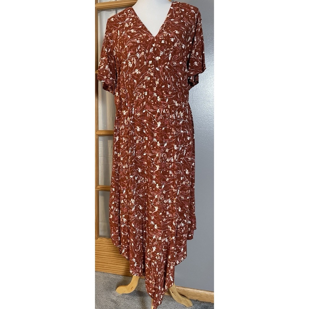 Maurices Floral Dress XL Rustic Brown Slanted Hem Boho Beach Cottagecore Prairie